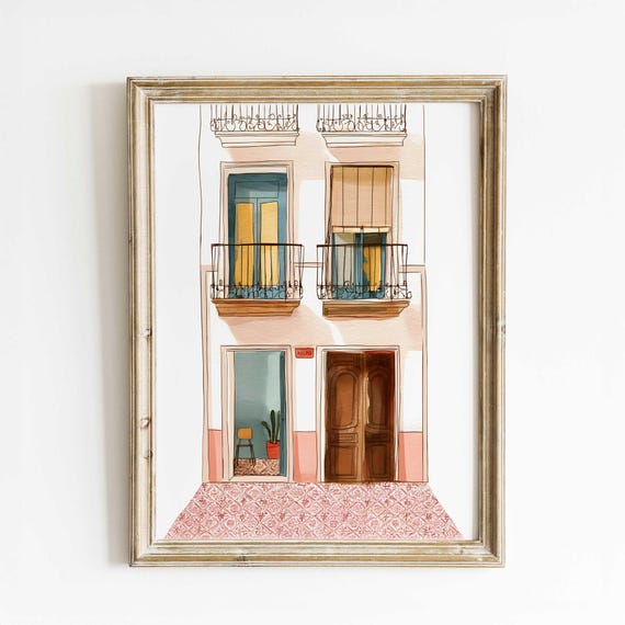 Mediterranean Balcony And Door Art Unique Handmade Watercolor Print European Architecture Wall Vibrant Home Decor