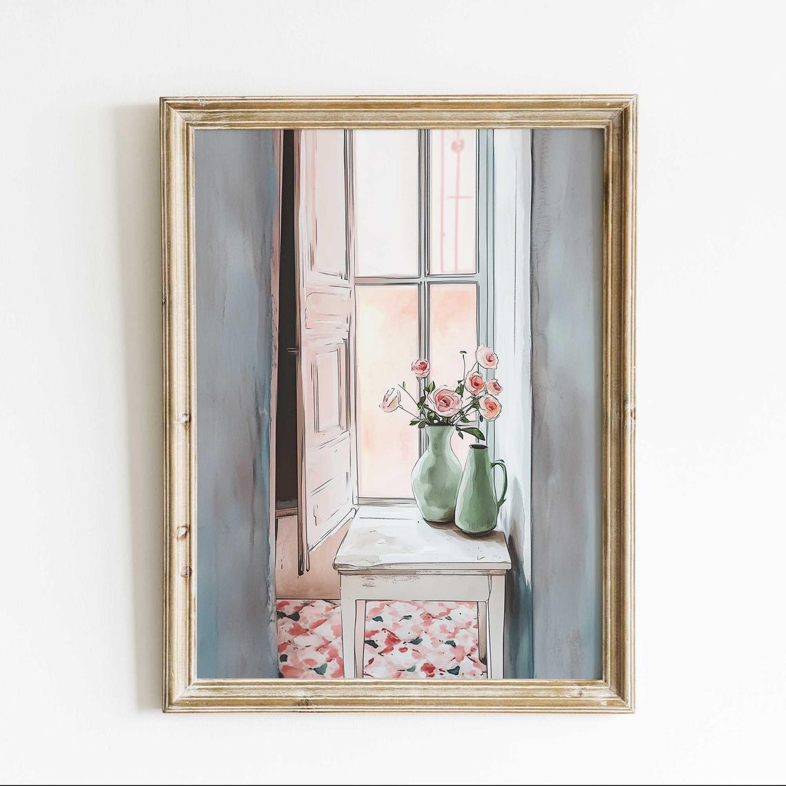 Romantic French Window View Pink Roses Watercolor Interior Poster