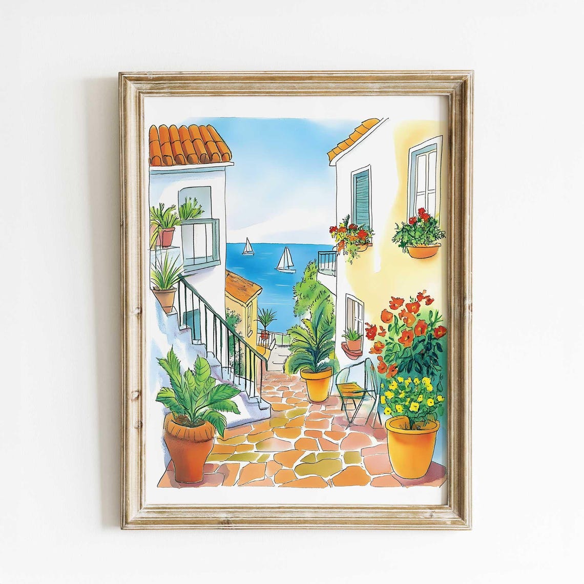 Mediterranean Coastal Street Print Seaside Village Watercolor Art Colorful Plantfilled Alley Poster European Travel Wall Decor