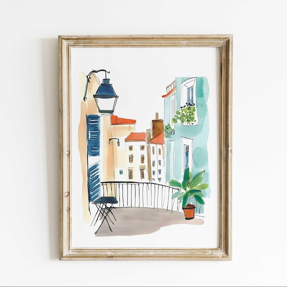 Paris Balcony Street Lamp Watercolor Poster Blue Shutter Terrace Decor