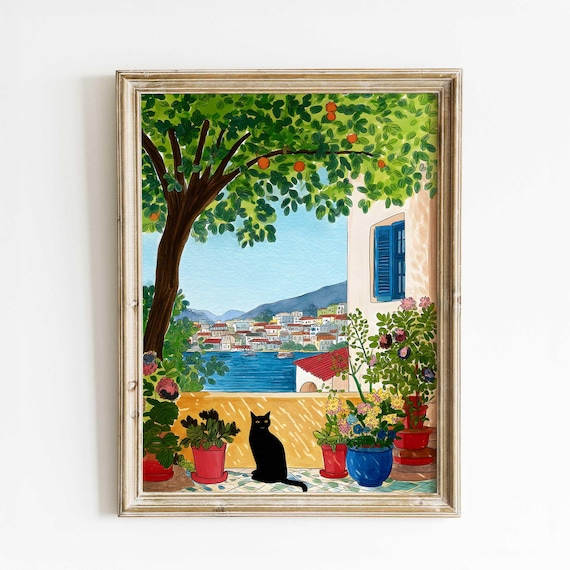 Black Cat on Sunny Greek Island Terrace Orange Tree View Poster