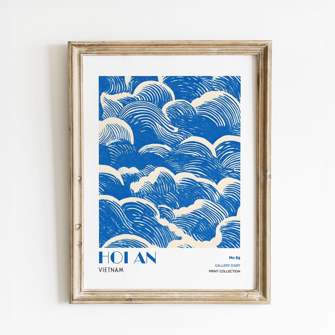 Blue Ocean Wave Woodcut Hoi An Vietnam Travel Gallery Art Print