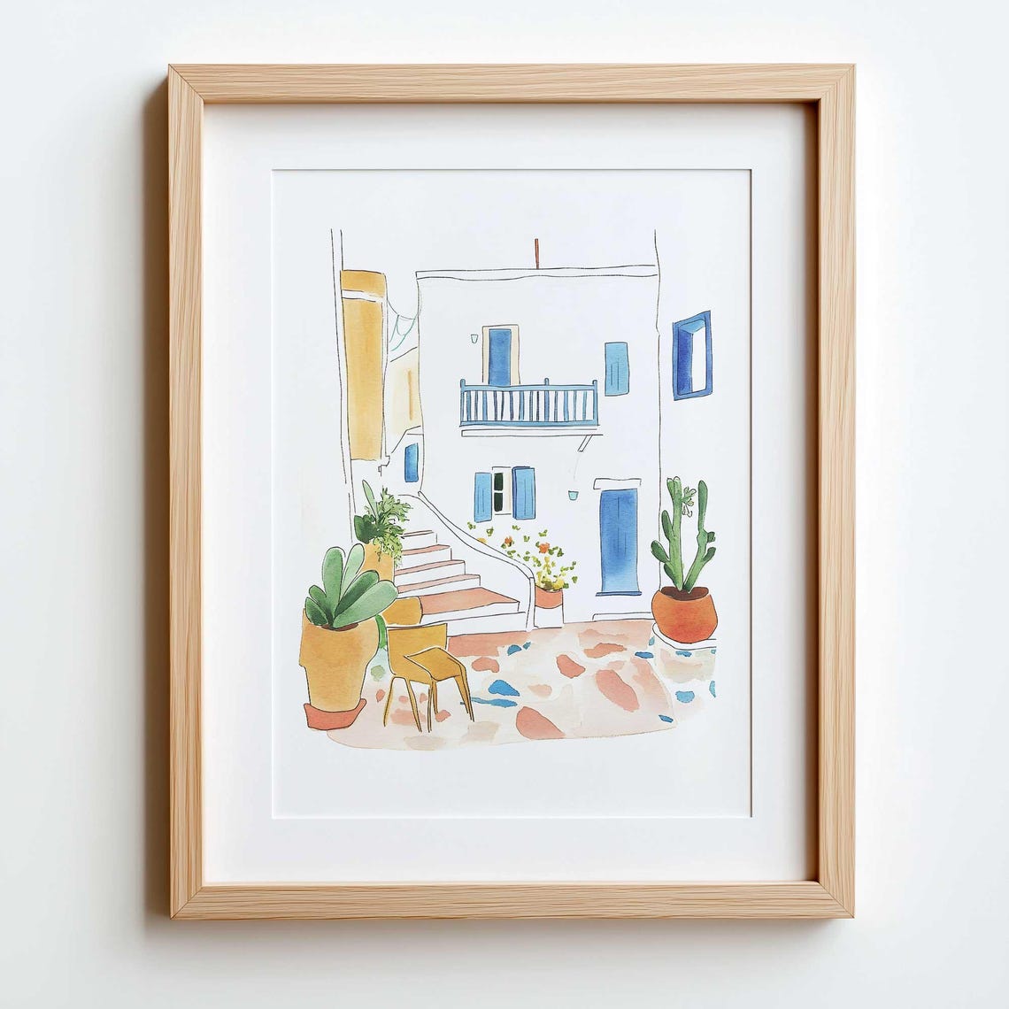 Mediterranean Whitewashed Street Watercolor with Blue Shutters Poster