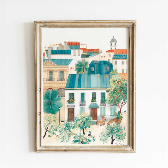 Mediterranean Courtyard Wall Art Unique Handmade Watercolor Print Elegant European Architecture Decor Timeless Home Style