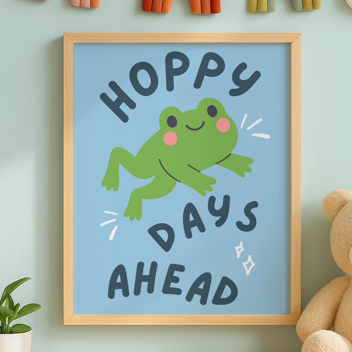 Hoppy Days Ahead Cute Green Frog Kids Playful Nursery Wall Art