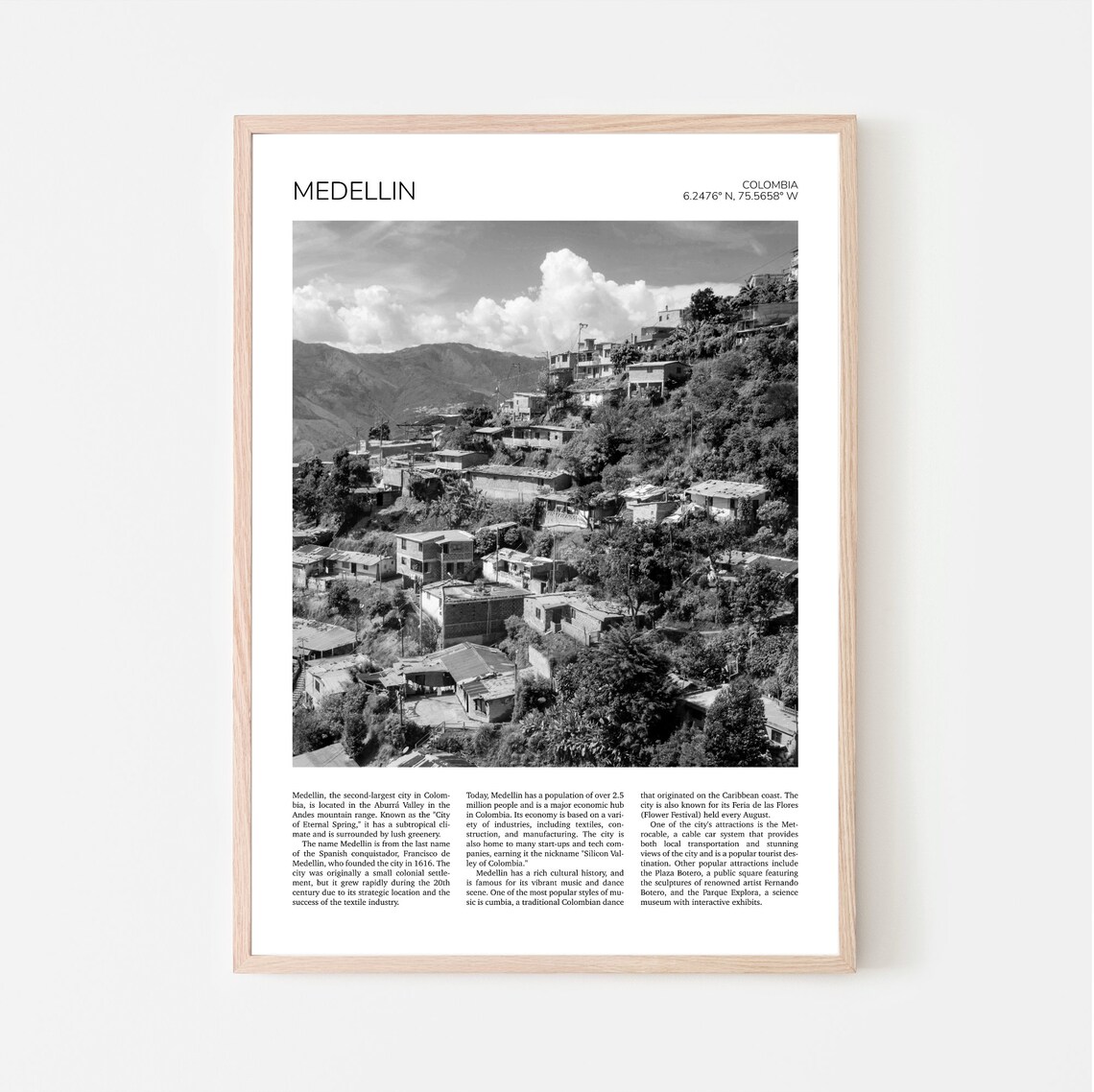 Medellin Colombia Hillside Neighborhood Minimalist Black and White Poster