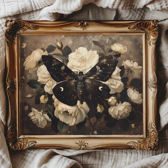 Cottagecore Wall Art Moth Dark Cottagecore Wall Art Witchy Decor Vintage Moth Art Celestial Decor Black Butterfly Print Celestial Butterfly
