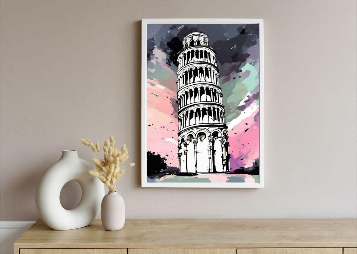 Tower of Pisa Italy Line Art Pink Sky Landmark Travel Poster Print - Image 5