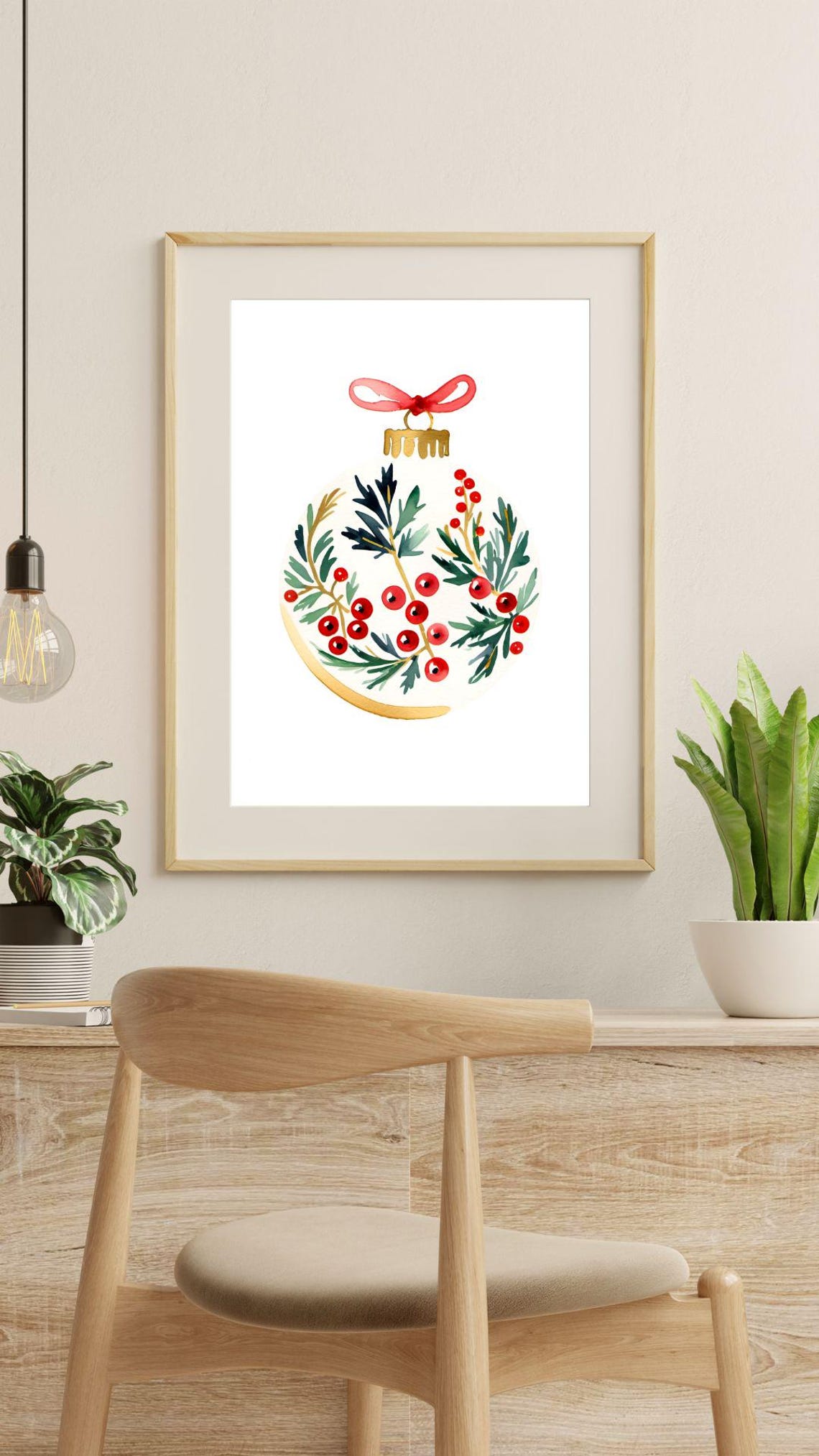 Christmas Ornament Watercolor Holly Berry Bauble Red Holiday Wall Art - Image 3
