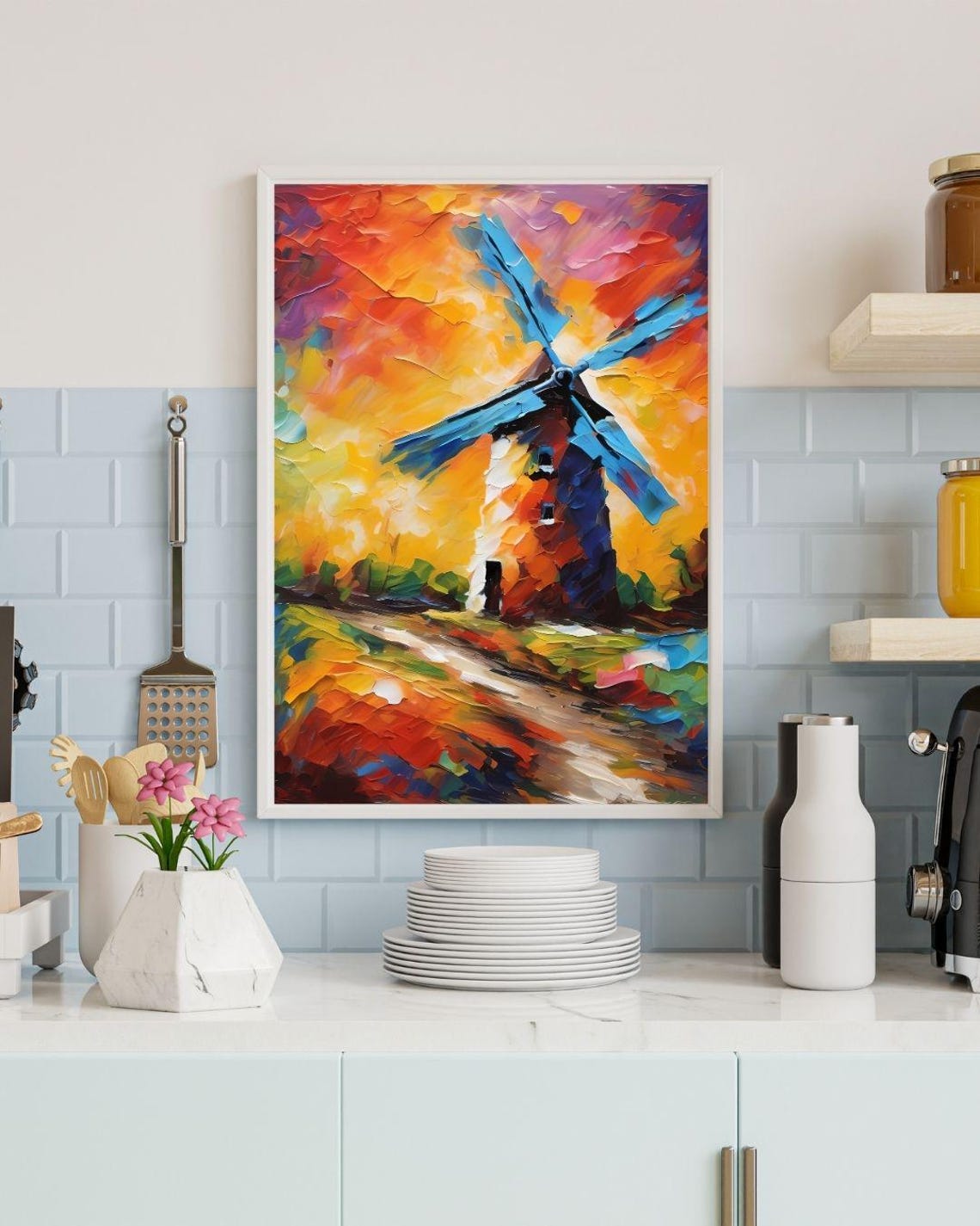 Windmill Sunset Colorful Impasto Countryside Landscape Art Wall Print - Image 4