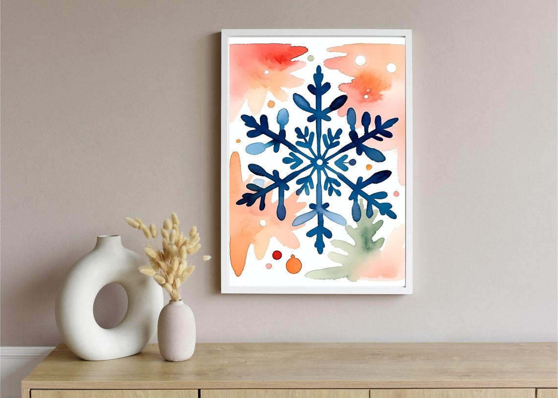Navy Snowflake Watercolor Coral Background Christmas Holiday Wall Art - Image 3