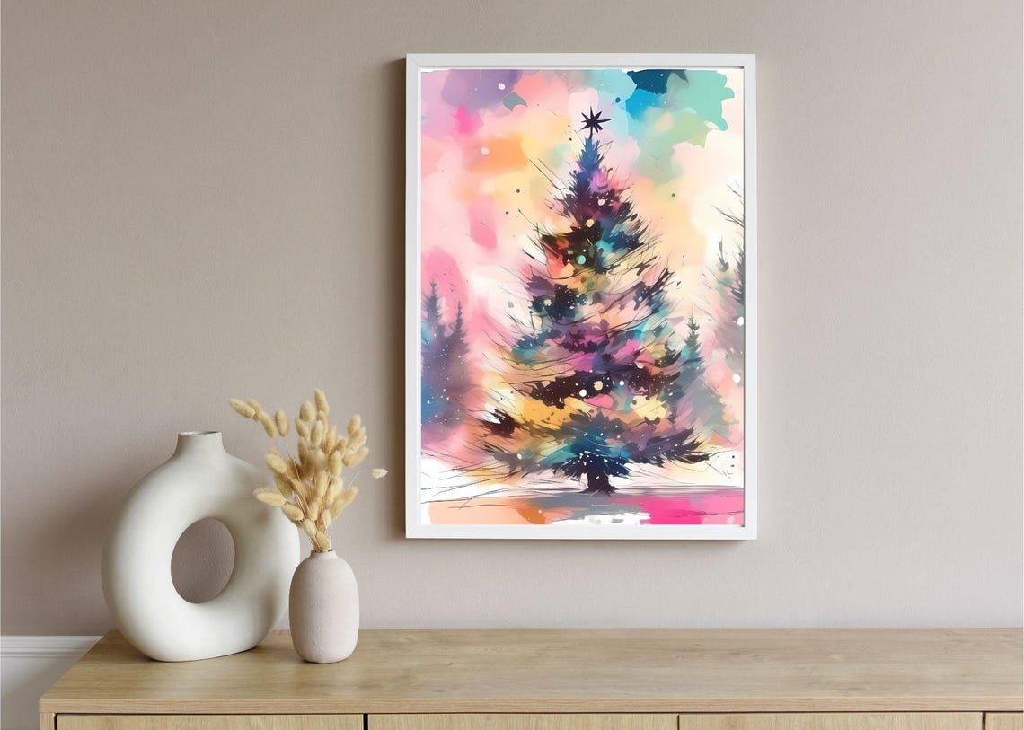 Colorful Christmas Tree Watercolor Pink Teal Holiday Wall Art - Image 4