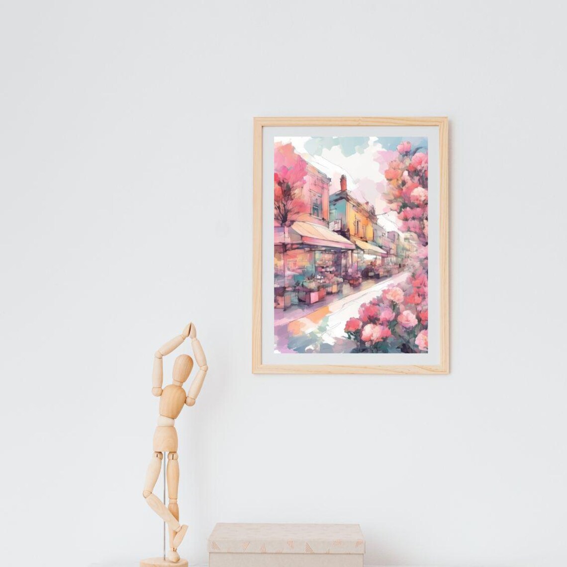 European Old Town Street Pink Blossom Watercolor Spring Travel Poster - Image 2