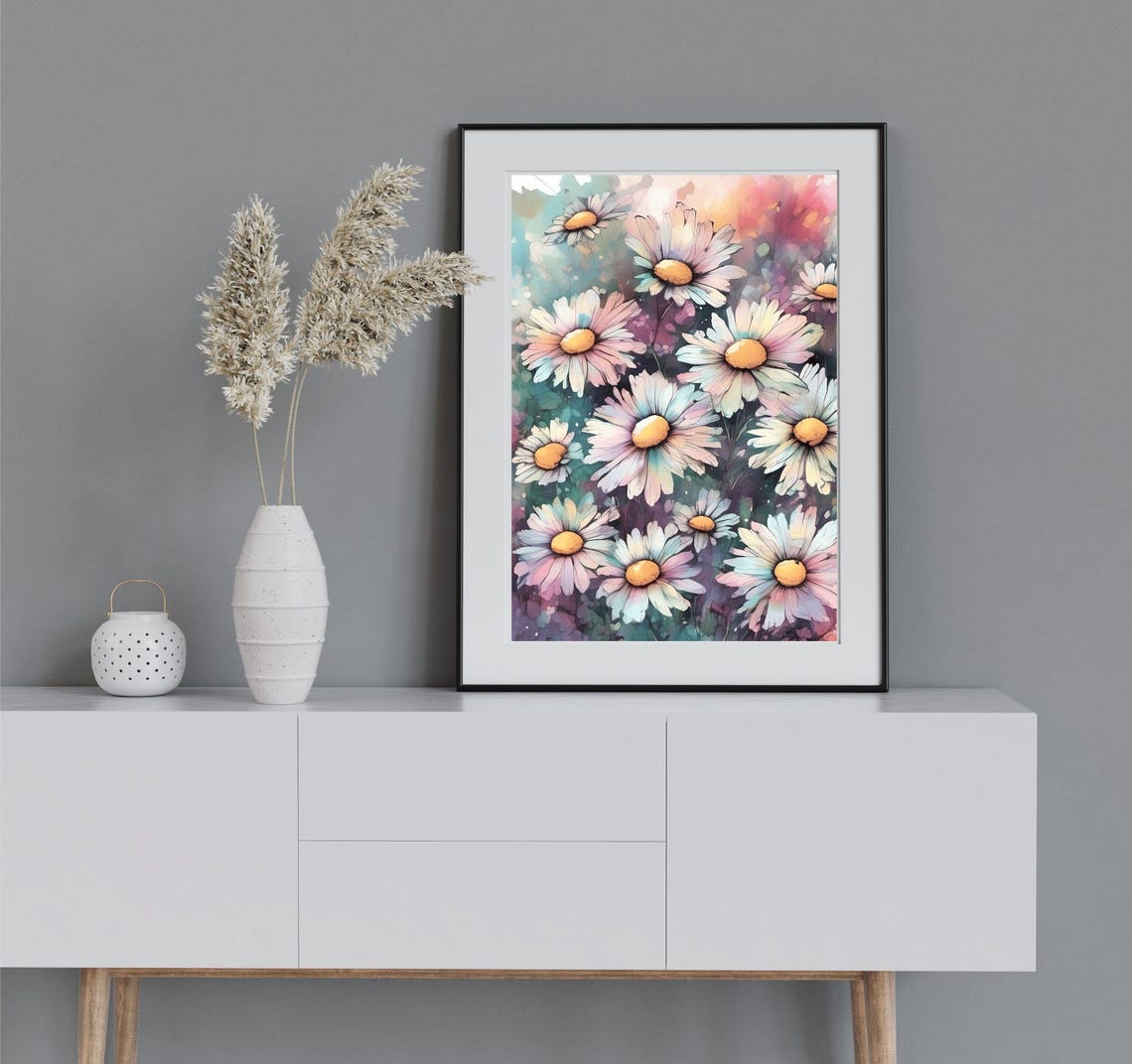 Pastel Daisy Field Watercolor Blooms Maximalist Floral Wall Art - Image 2