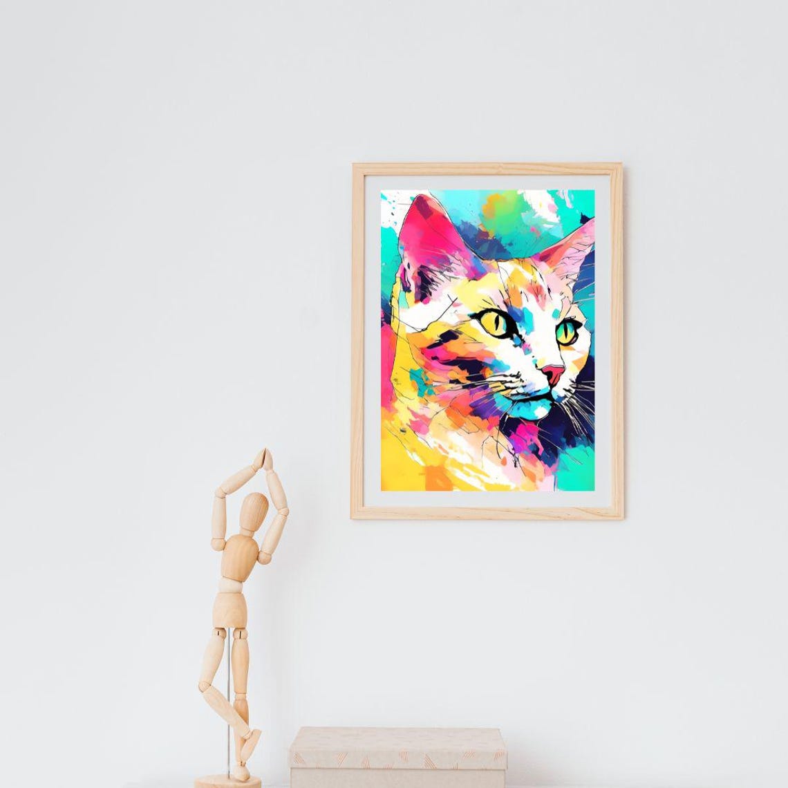 Colorful Pop Art Cat Portrait Teal Pink Yellow Modern Animal Wall Art - Image 2
