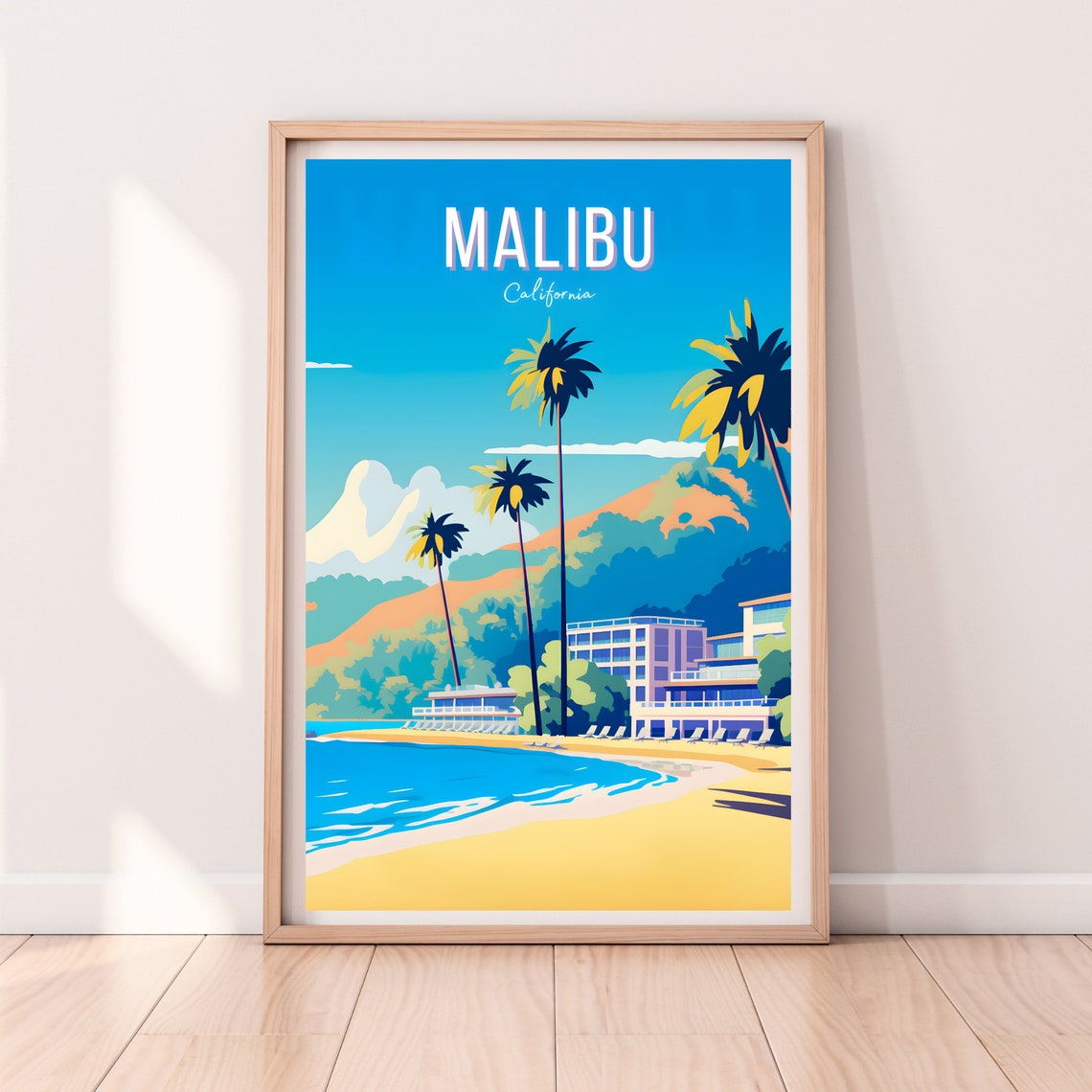 Malibu California Coast Beach Resort Palms Retro Vintage Poster Art
