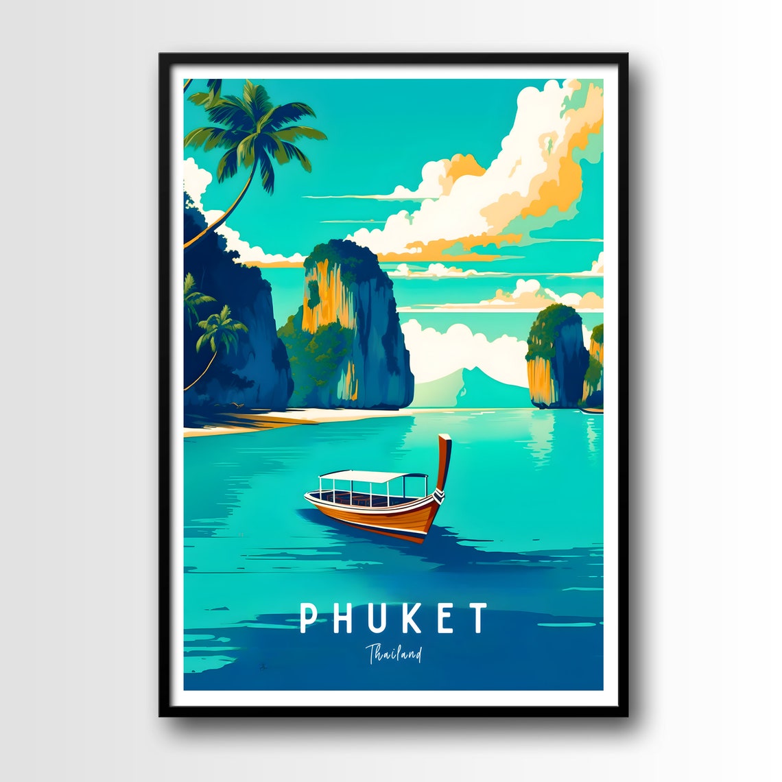 Phuket Thailand Longtail Boat Limestone Cliffs Sunset Travel Poster