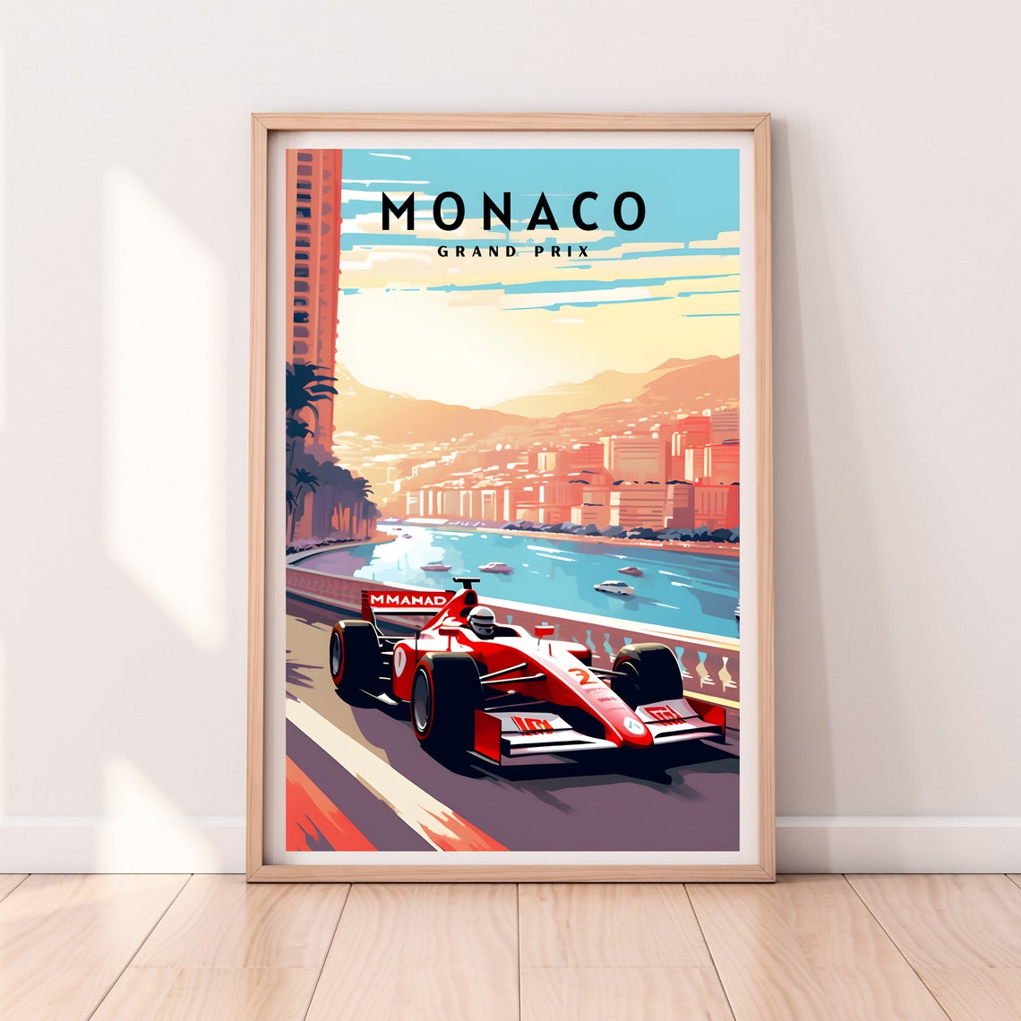 Monaco Grand Prix Red Race Car Sunset Coastal Harbor Racing Poster - Image 2