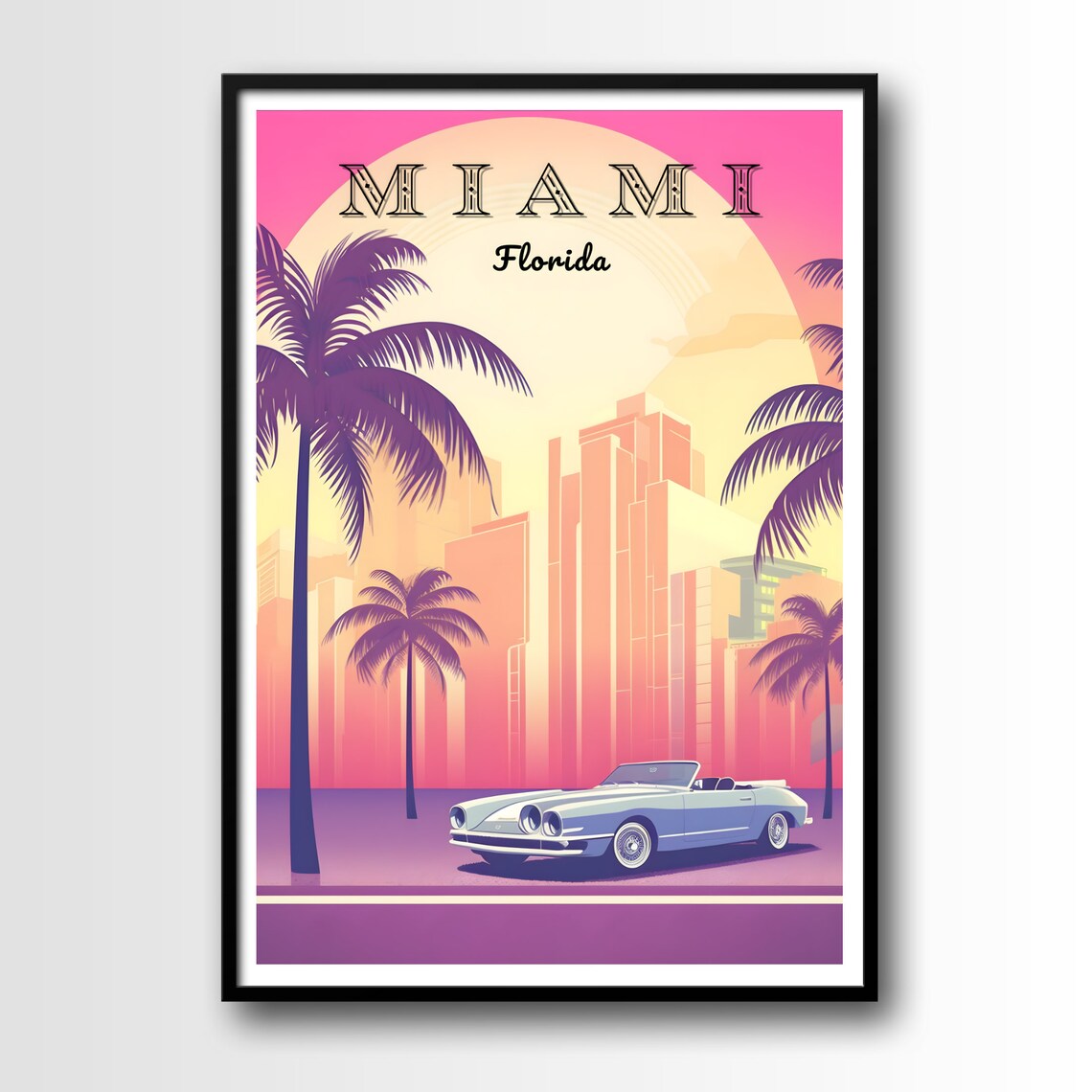 Miami Florida Retro Sunset Palm Trees Classic Car Travel Poster