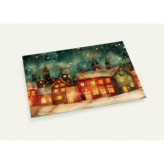 Snowy Village Night Lit Windows Christmas Watercolor Postcard Print