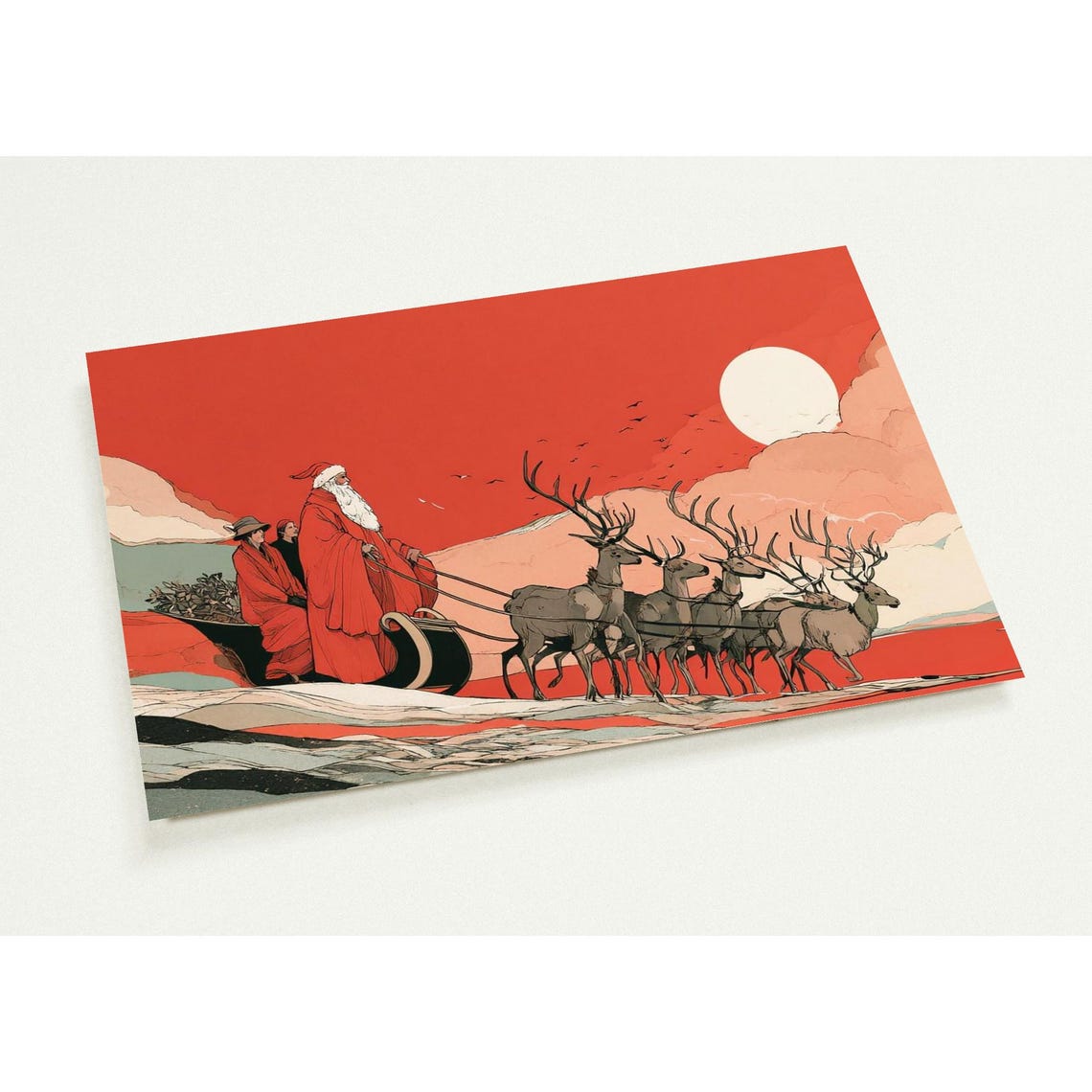 Retro Santa Claus Sleigh Reindeer Minimalist Red Christmas Poster