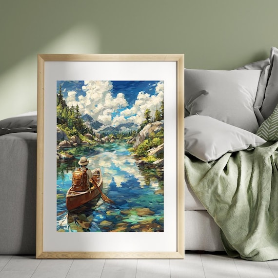 Adventure Explorer Canoe Mountain Lake Paddling Painting Poster