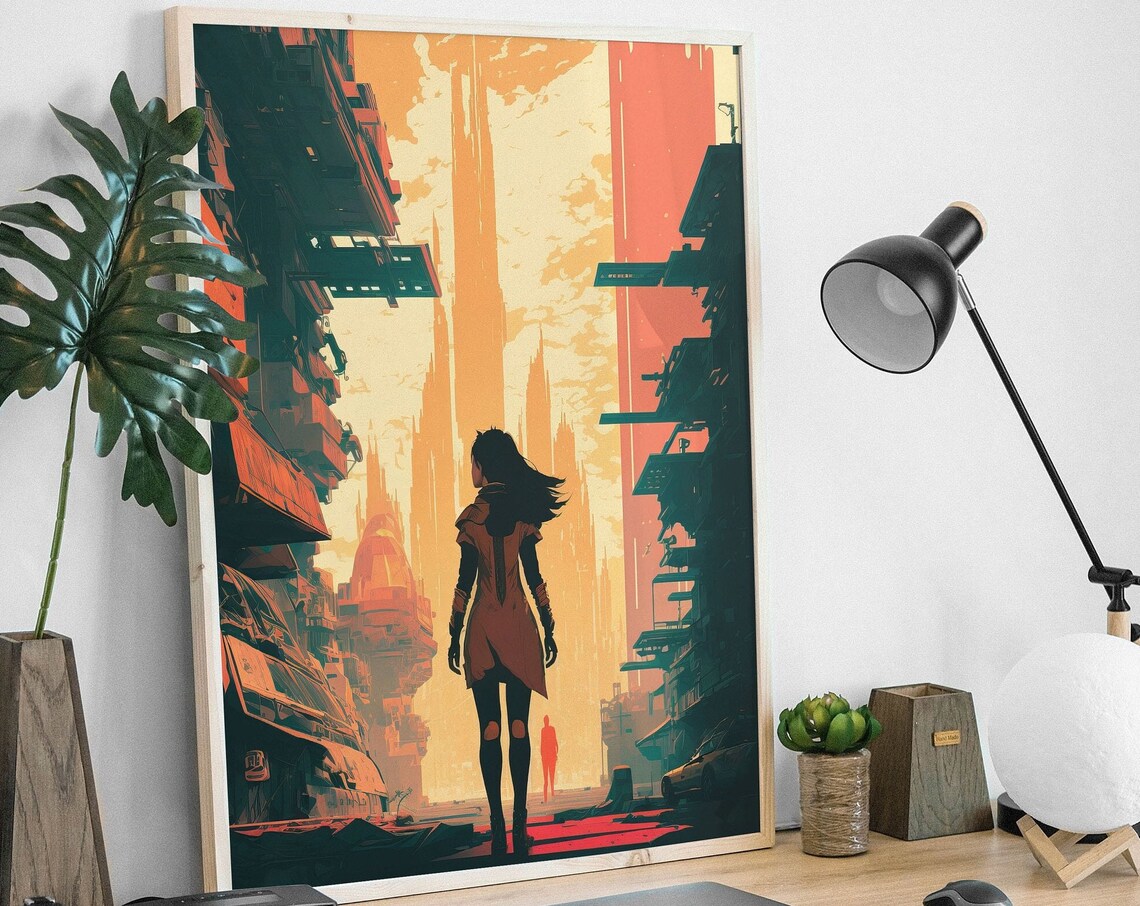 Sci Fi Woman Silhouette Facing a Towering Orange Future City Poster - Image 2