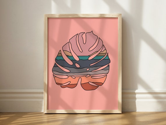 Abstract Monstera Print Boho Wall Decor Pink Art Plant Lover