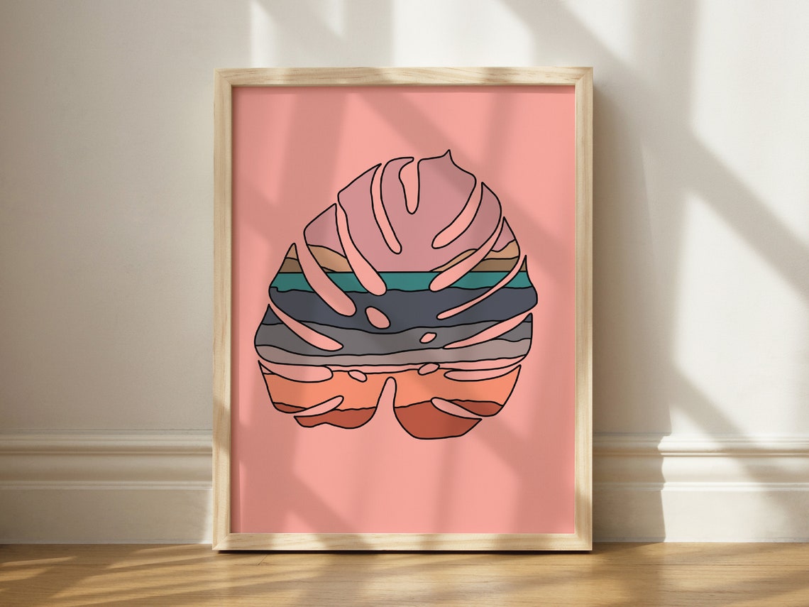 Abstract Monstera Leaf Sunset Landscape Pink Botanical Poster