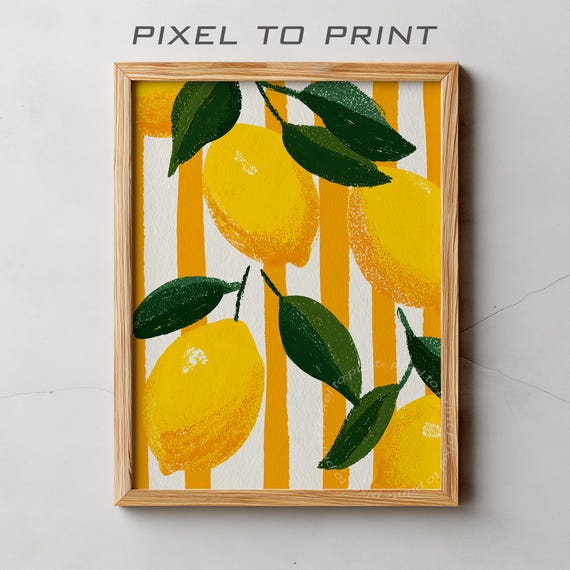 Lemon Art Print Modern Kitchen Wall Decor Lemons And Stripes Illustration