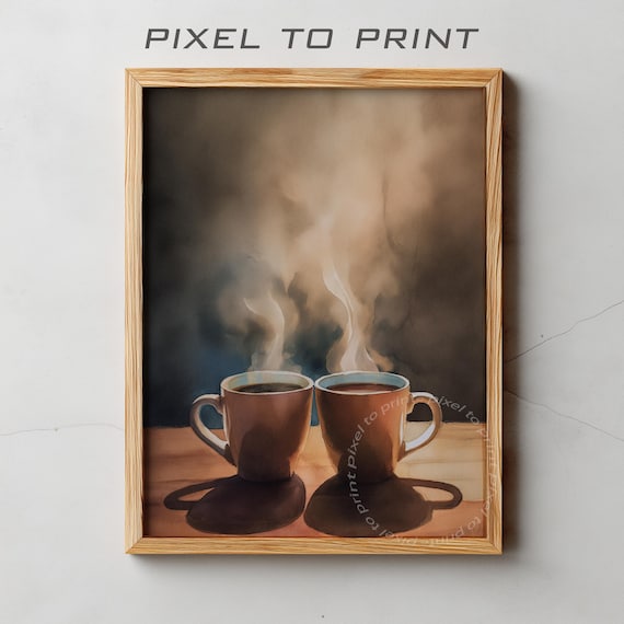 Steaming Coffee Cups Watercolor Morning Brew Kitchen Art Poster