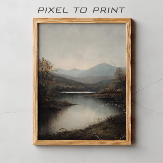 Vintage Autumn Lake Landscape Fall Wall Art Muted Rustic Farmhouse Decor