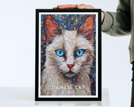 Siamese Cat Blue Eyes White Mosaic Pet Portrait Poster for Home