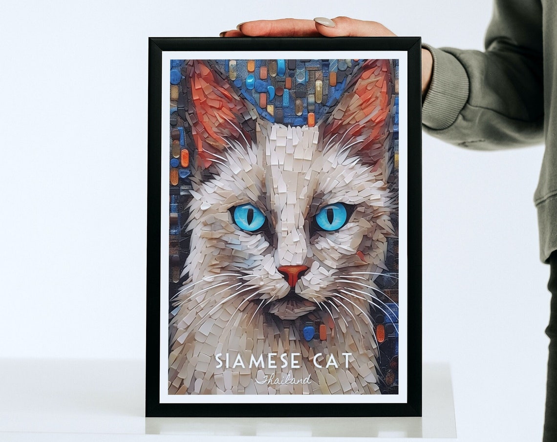 Siamese Cat Blue Eyes White Mosaic Pet Portrait Poster for Home