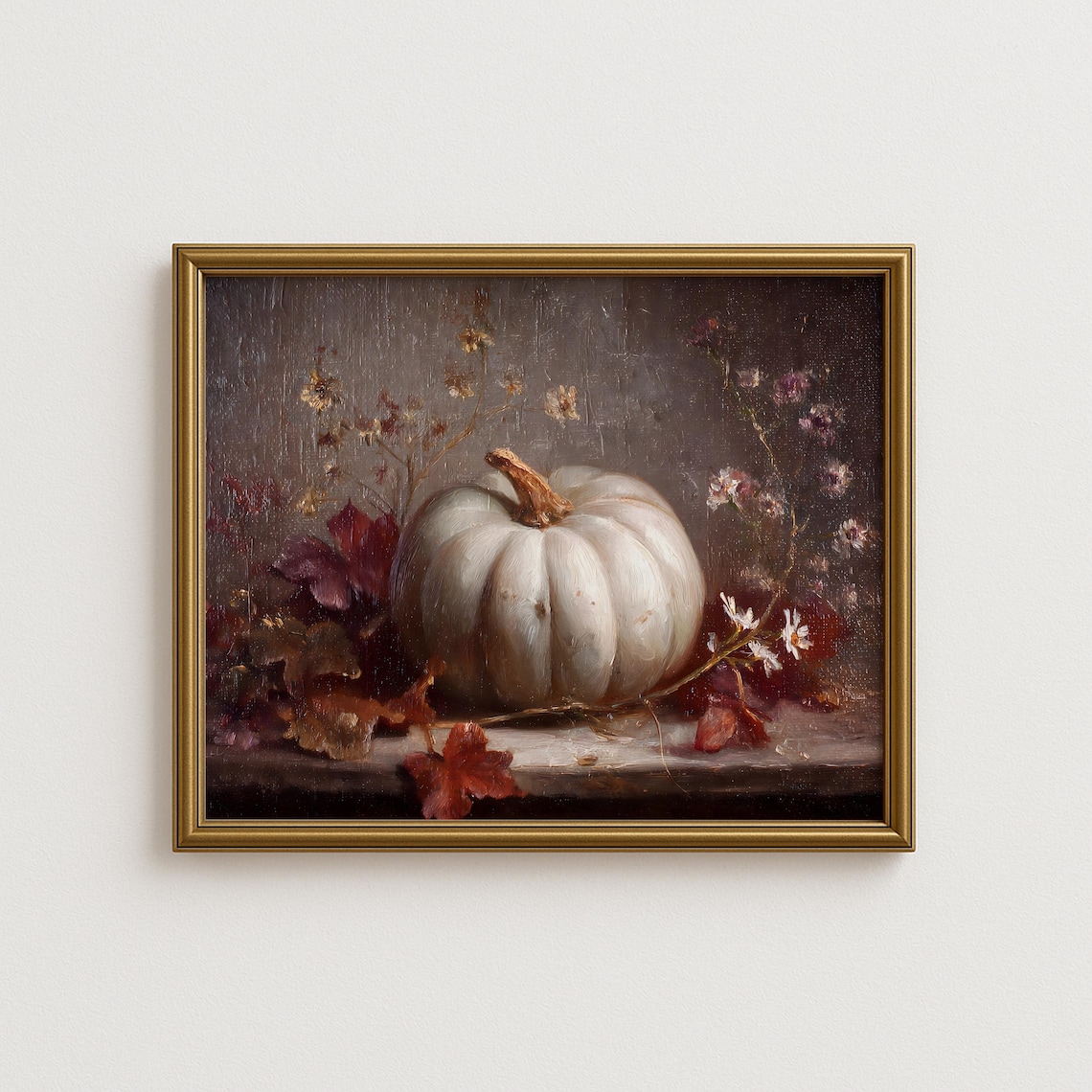 White Pumpkin Still Life Autumn Harvest Moody Oil Painting Poster