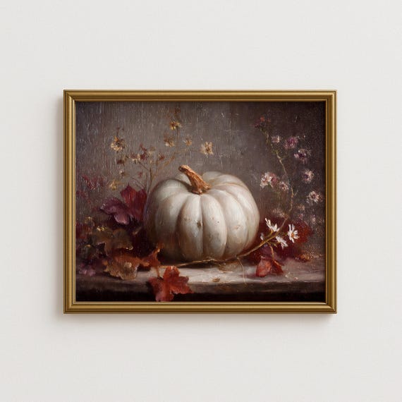 Vintage White Pumpkin Still Life Wall Art Rustic Autumn Harvest Painting Farmhouse Kitchen Fall Cozy Country Home Decor