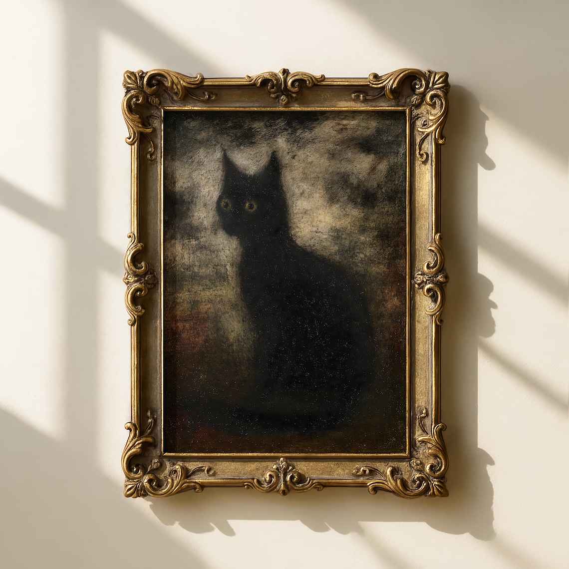 Dark Moody Black Cat Vintage Oil Painting Gothic Feline Poster