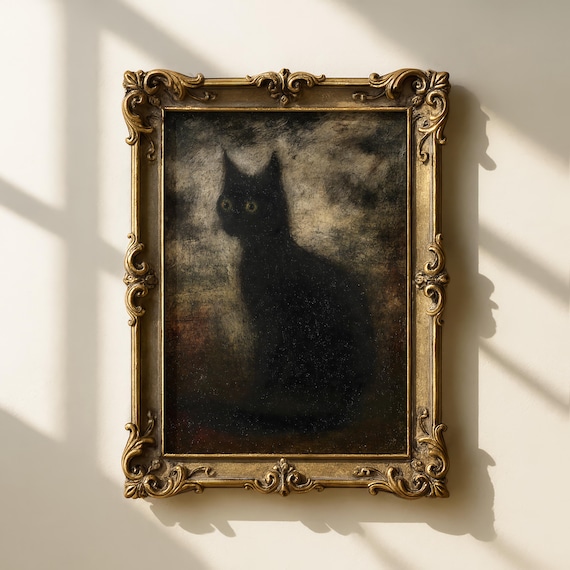 Dark Moody Black Cat Vintage Oil Painting Gothic Feline Poster