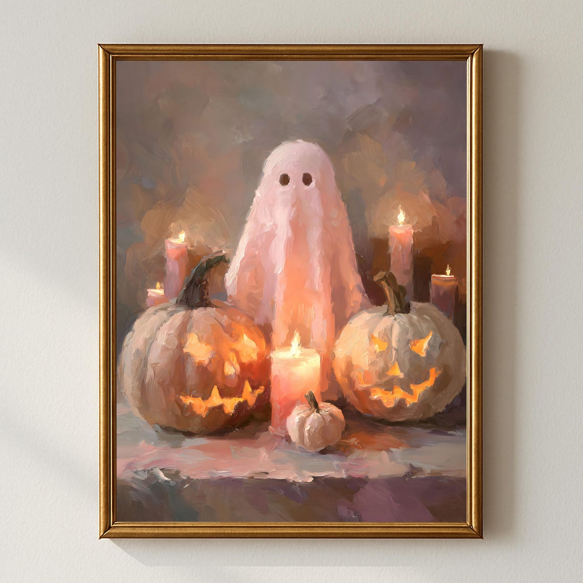 Pastel Pink Ghost With Jack O Lanterns And Candles Halloween Poster