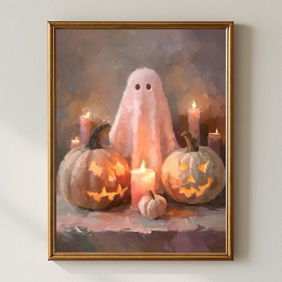 Pink Halloween Wall Art Cozy Pumpkin Candle Painting Cute Spooky Season Pastel Autumn Home Decor
