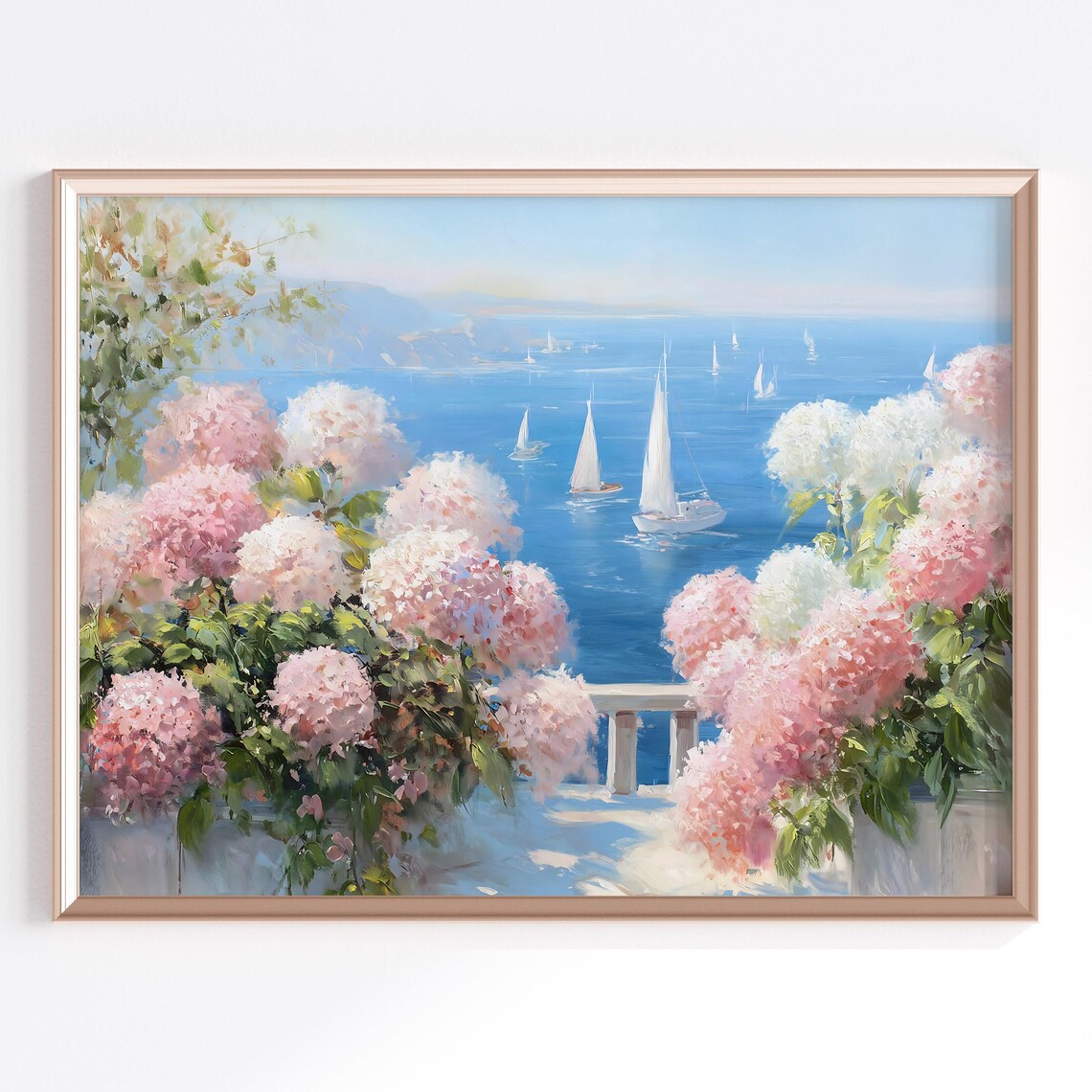 Seaside Serene Hydrangea, Coastal Summer Landscape Art Print