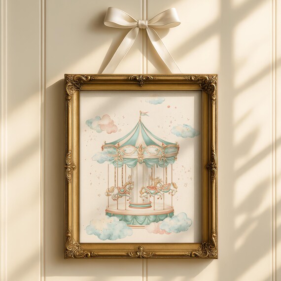 Dreamy Pastel Vintage Carousel Horses Nursery Watercolor Wall Art