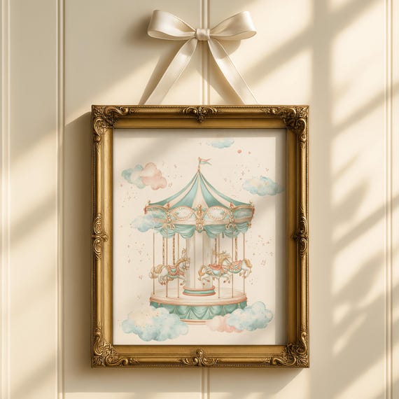 Vintage Carousel Baby Girl Nursery Wall Art Cute Carnival Decor Whimsical Pastel Prints For Kids Room