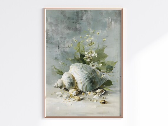 Seashell and White Flower Coastal Still Life Painting Wall Art