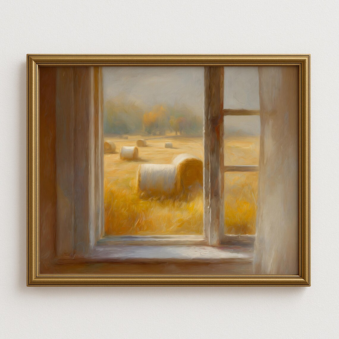 Sunlit Window View Golden Hayfield Hay Bales Rustic Country Landscape Art Poster