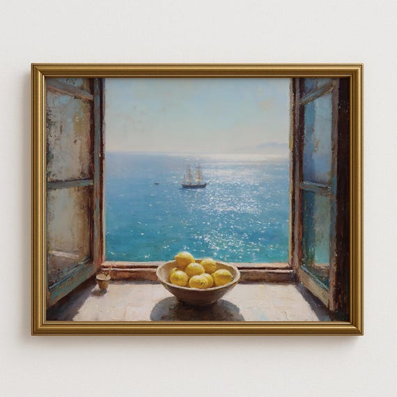 Amalfi Coast Lemon Wall Art Mediterranean Sea View Painting Rustic Italian Window Print Coastal Farmhouse Kitchen Dcor