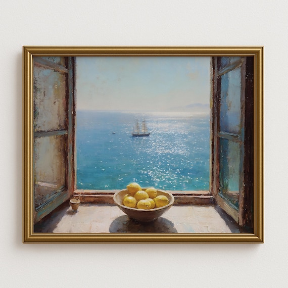 Bright Sunlit Window Overlooking Blue Sea Lemons Mediterranean Poster