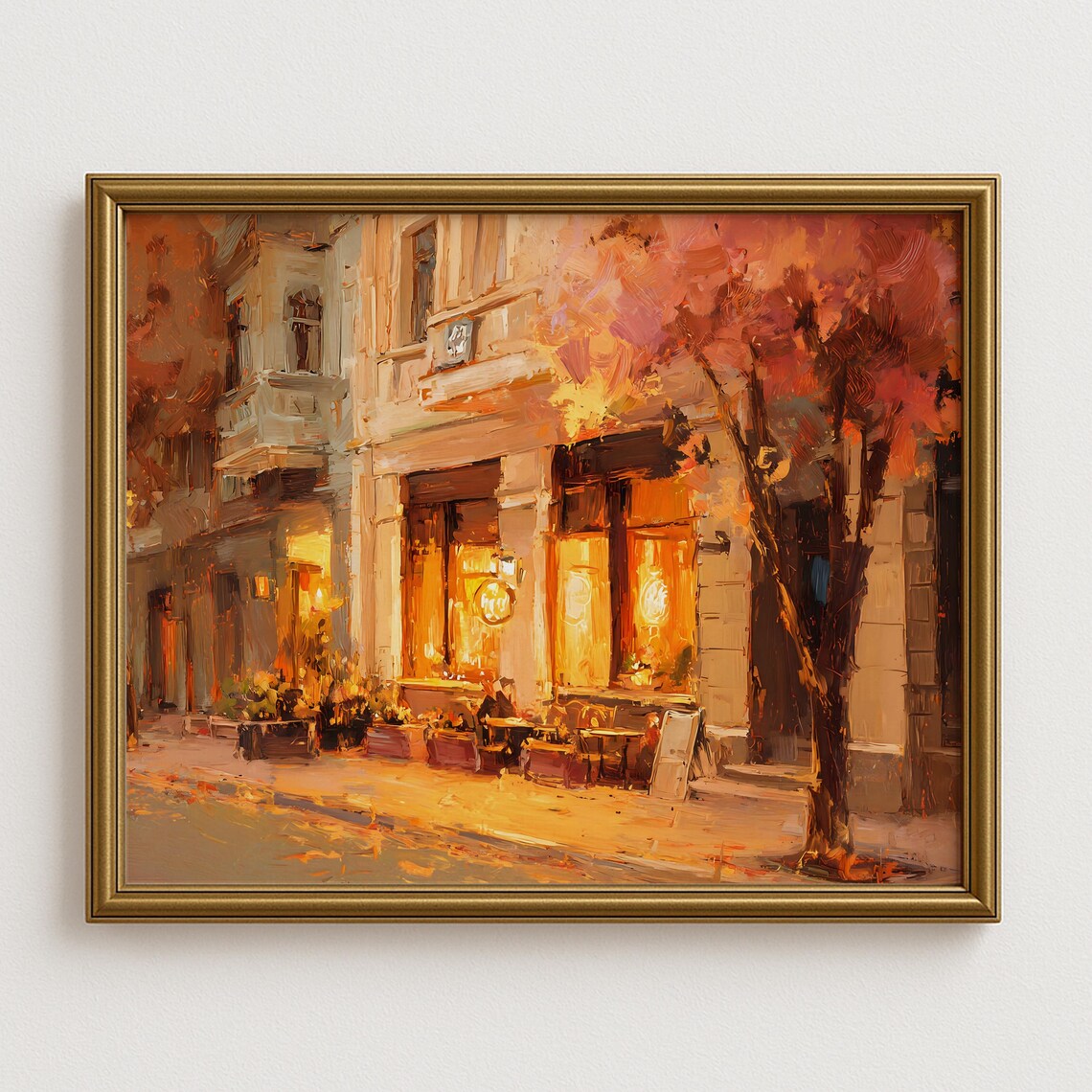 Cozy Autumn Cafe Street Scene With Golden Lights Oil Painting Print