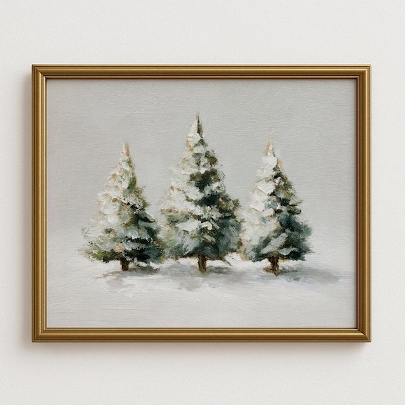 Three Snowy Serene Pine Trees Minimalist Winter Landscape Wall Art