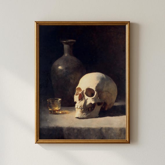 Vintage Skull Wall Art Dark Gothic Decor Academia Painting Moody Antique Illustration Artistic Home